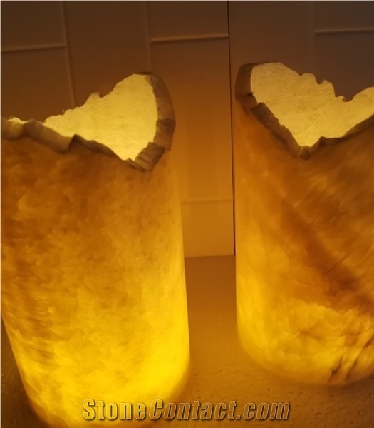 China Honey Yellow Onyx Cylinder Restaurant Candle Lamp