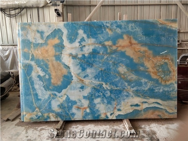 Backlit Translucent Crystal Blue Onyx Slab Wall Panel