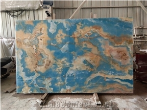 Backlit Translucent Crystal Blue Onyx Slab Wall Panel