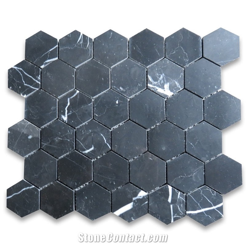 Nero Marquina 3" Hexagon Honed Mosaic Tiles