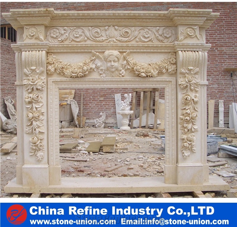 Beige Carving Relief Marble Fireplace Mantels