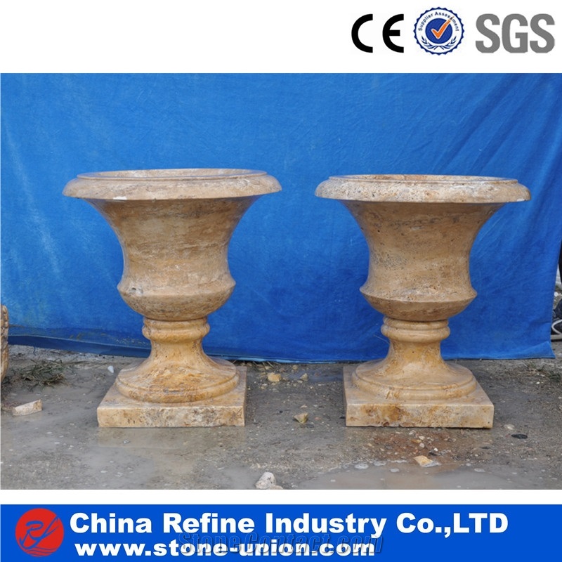Beige Honed Carved Limestone Outdoor Plant Pots