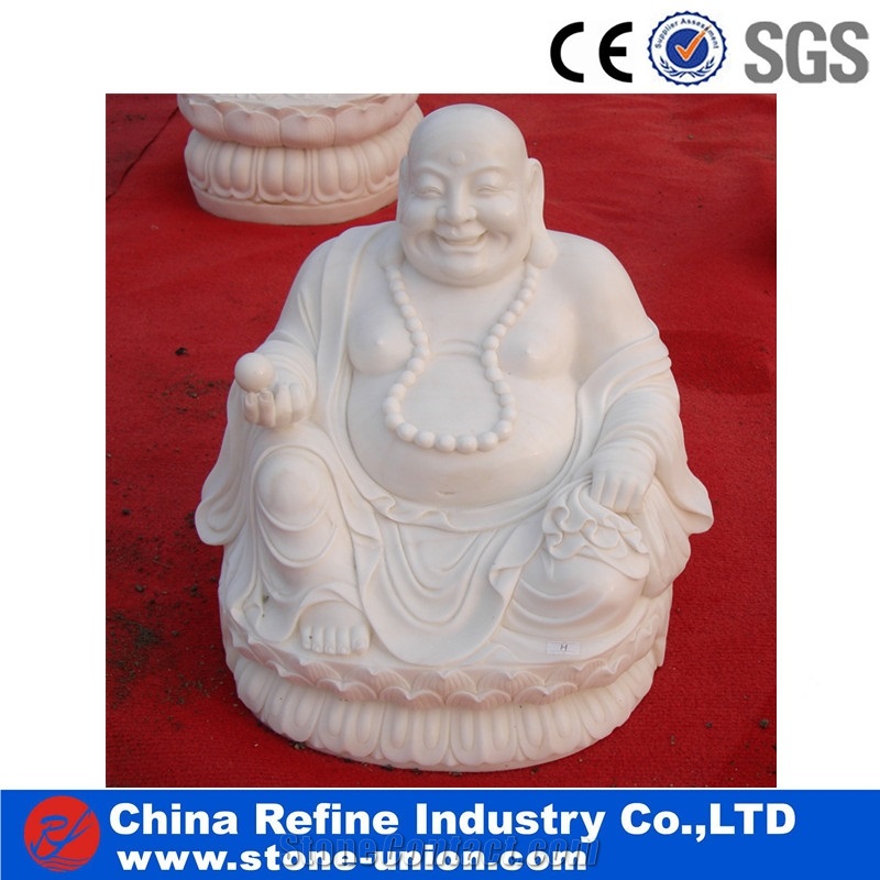 Laughing Buddha Polished White Marble Statues