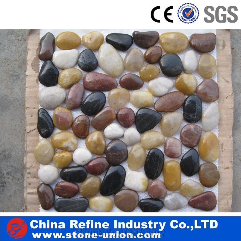 Mixed Color Polished Pebble River Stone On Mesh Mosaic Art Work