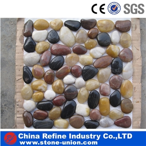 Mixed Color Polished Pebble River Stone On Mesh Mosaic Art Work