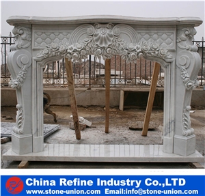 Pure White Marble Sculptured Fireplace Mantel