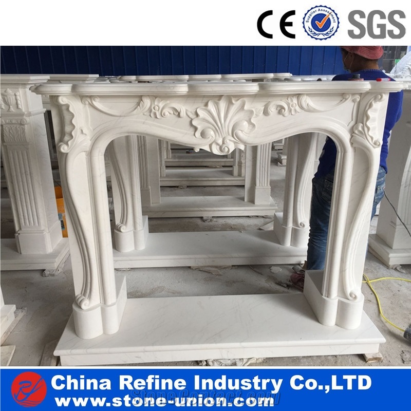Pure White Marble Sculptured Fireplace Mantel