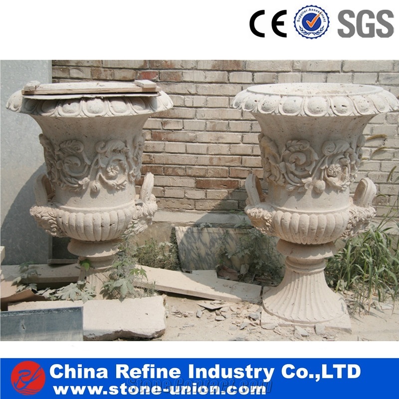 Yellow Limestone Carving Flower Stand &Garden Pots