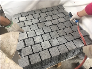 G654 Dark Grey Granite Cobblestone Cubes on Mesh