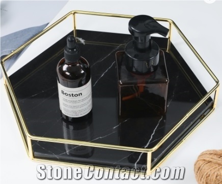 Black Marble Hexagon Tray with Metal Handle Home Hotel Decor