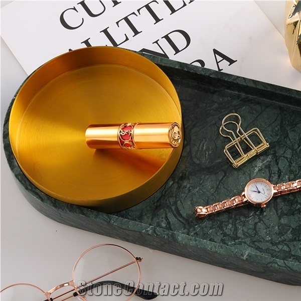 Marble Jewelry Cosmetics Desktop Tray Golden Round Box
