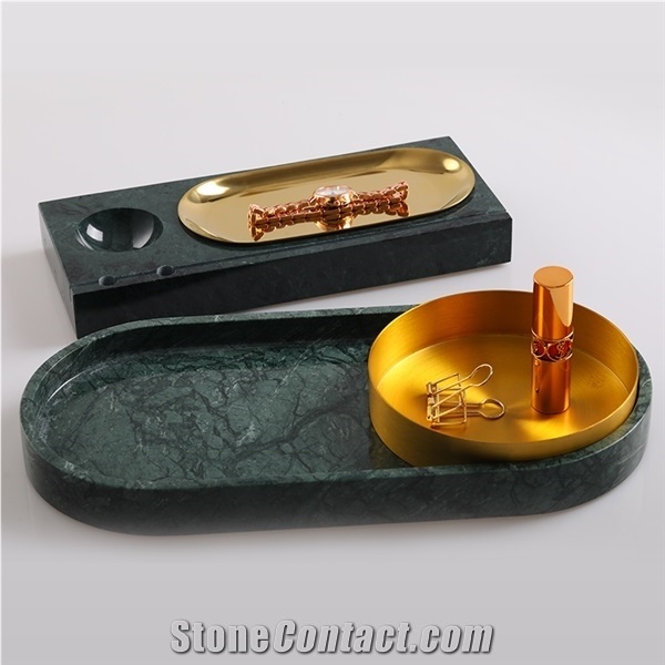Marble Jewelry Cosmetics Desktop Tray Golden Round Box