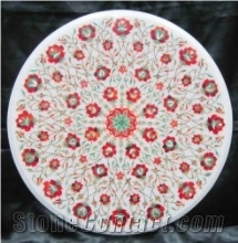 Red Round Marble Table Top Stone Elegant Garden Style