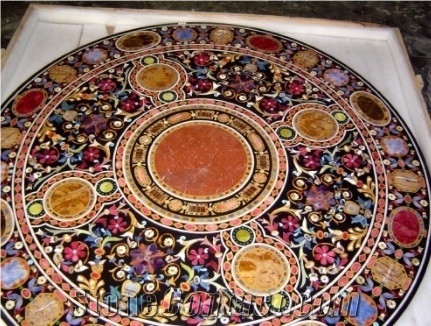 Round Marble Inlay Table Top Ethnic Customs Bistro Desk