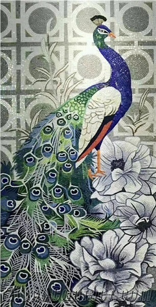 A Peacock Stands on White Flowers Glass Mosaic Art Medallion