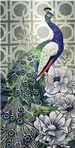 A Peacock Stands on White Flowers Glass Mosaic Art Medallion