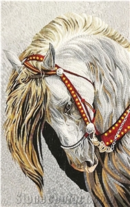 A White Horse with Its Head Bowed Glass Mosaic Art Medallion