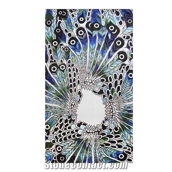 Abstract Peacocks in the Forest Glass Mosaic Art Medallion