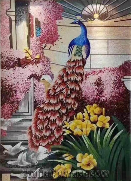 Beautiful Peacock Design Glass Mosaic Art Medallion
