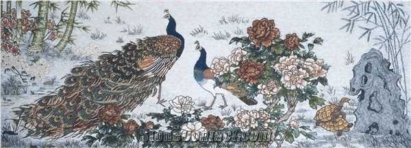 Beautiful Peacock Walking on Flowering Shrubs Glass Mosaic