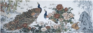Beautiful Peacock Walking on Flowering Shrubs Glass Mosaic