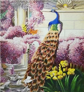 Beautiful Peacock with Bloom Flowers Glass Mosaic Art