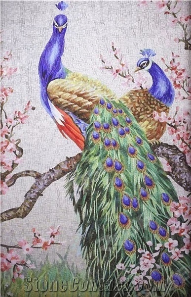 Beautiful Peacock with Flowers Background Glass Mosaic