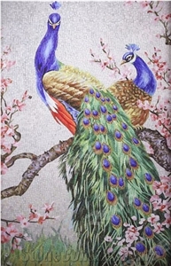Beautiful Peacock with Flowers Background Glass Mosaic