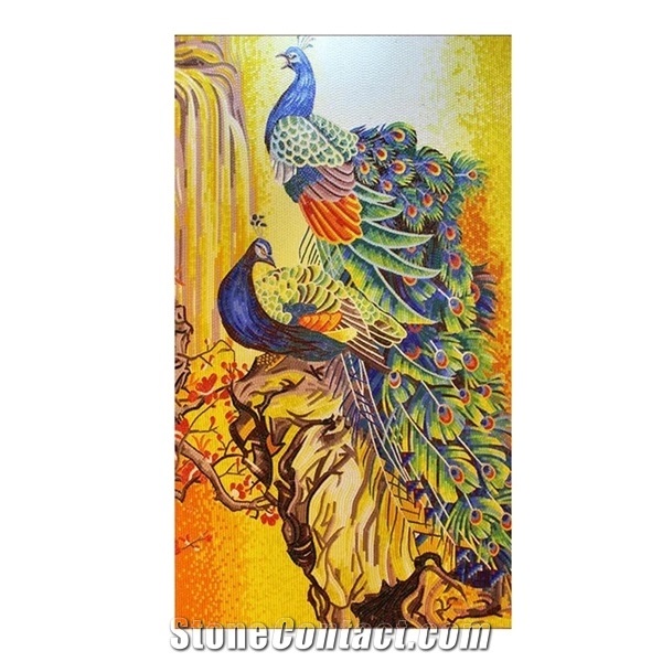 Beautiful Peacock with Gold Background Glass Mosaic Art