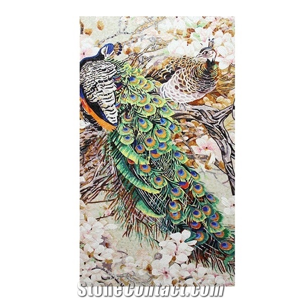 Beautiful Peacock with Gold Background Mosaic Art Medallion