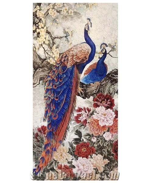Beautiful Peacock with Poeny Glass Mosaic Art Medallion