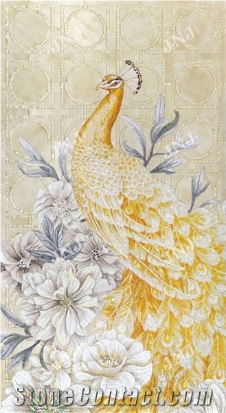 Beautiful Yellow Peacock with White Background Glass Mosaic