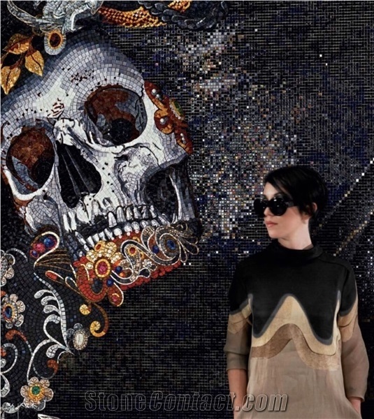 Black Skeleton Glass Mosaic Art Medallion Pictures