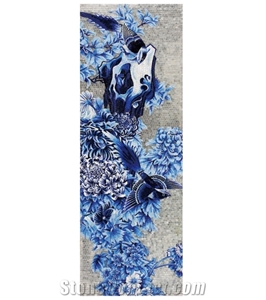 Blue Birds and Chrysanthemum Flower Glass Mosaic Medallion