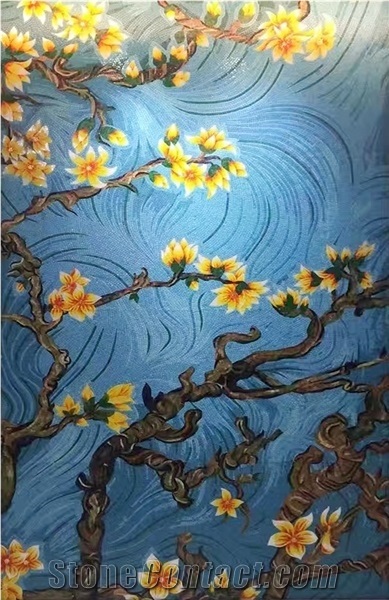Blue Flower Magnolia Glass Mosaic Artworks Medallion