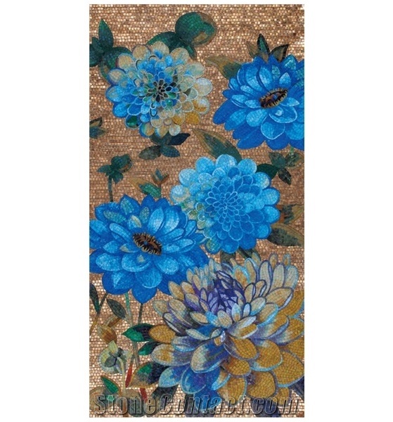 Blue Lotus with Goldleaf as Background Glass Mosaic Art
