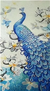 Blue Peacocks Glass Mosaic Art Medallion