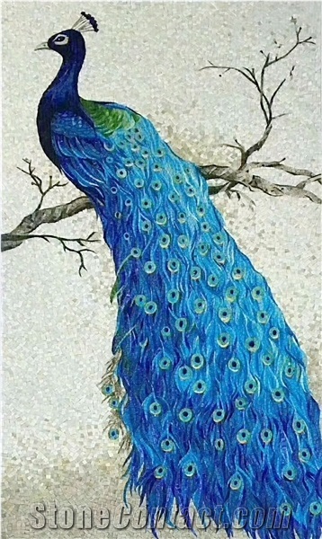 Blue Peacocks with White Background Glass Mosaic Art