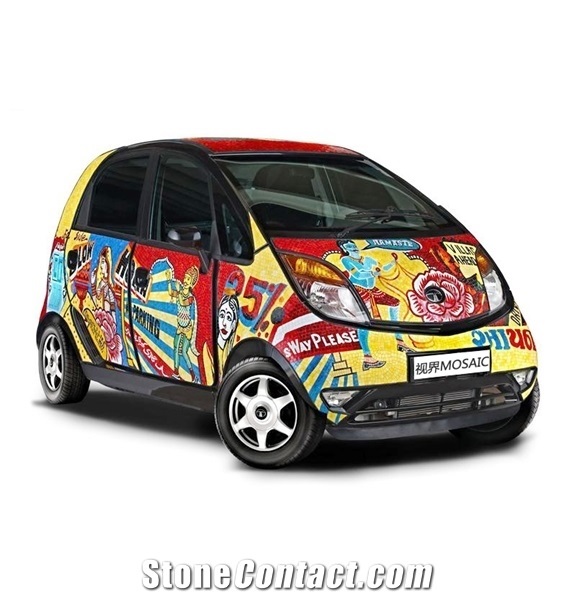 Cars Made by Glass Mosaic Art Medallion Pattern