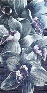 Dark Grey Blue Lotus with Leaves Glass Mosaic Art Medallion