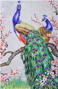 Elegant Peacock with Flowers Background Glass Mosaic