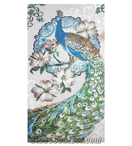 Elegant Peacock with White Background Glass Mosaic Art
