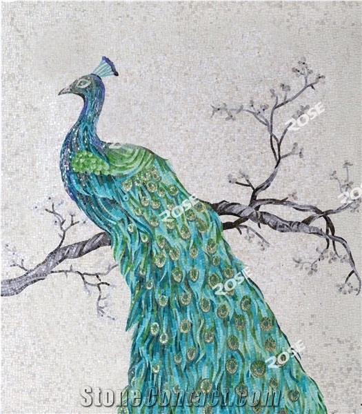 Green Peacock with White Background Glass Mosaic Art