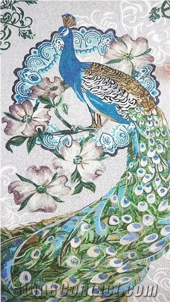 Green Peacock with Wthie Background Glass Mosaic