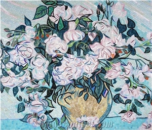 Little White Roses on a Vase Glass Mosaic Art Medallion