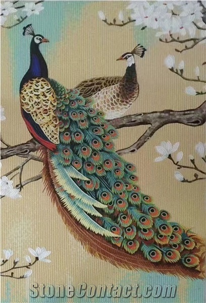 Peacock with White Flowers Background Glass Mosaic Art