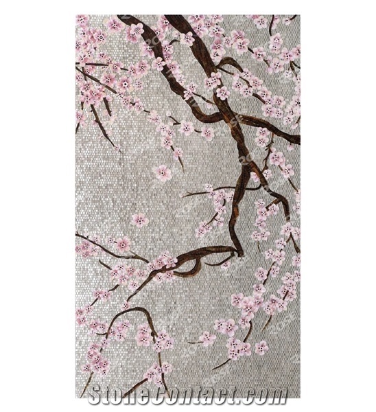 Pink Plum Blossom Trees Glass Mosaic Art Medallion Design