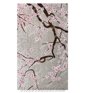 Pink Plum Blossom Trees Glass Mosaic Art Medallion Design