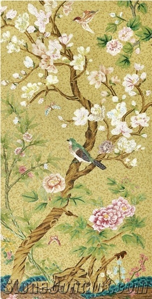 Plum Blossom and Birds Glass Mosaic Art Medallion Design