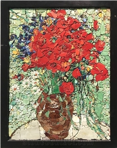Red Roses on a Vase Glass Mosaic Art Medallion Design